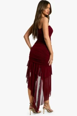 Bodycon Dresses*boohoo Bandeau Ruched Mesh Ruffle Hem Mini Dress plum