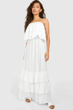 Smock Dresses*boohoo Bandeau Ruffle Maxi Dress white