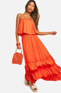 Smock Dresses*boohoo Bandeau Ruffle Maxi Dress red