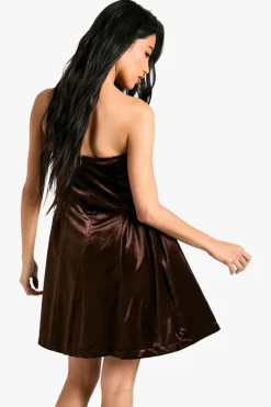 Skater Dresses*boohoo Bandeau Structured Velvet Skater Dress chocolate
