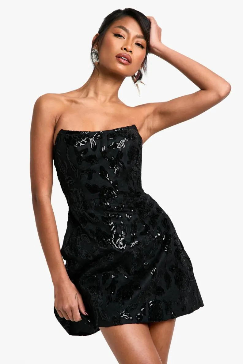 Skater Dresses|Mini Dresses*boohoo Bandeau Structured Velvet Lace Demask Skater Mini Dress black