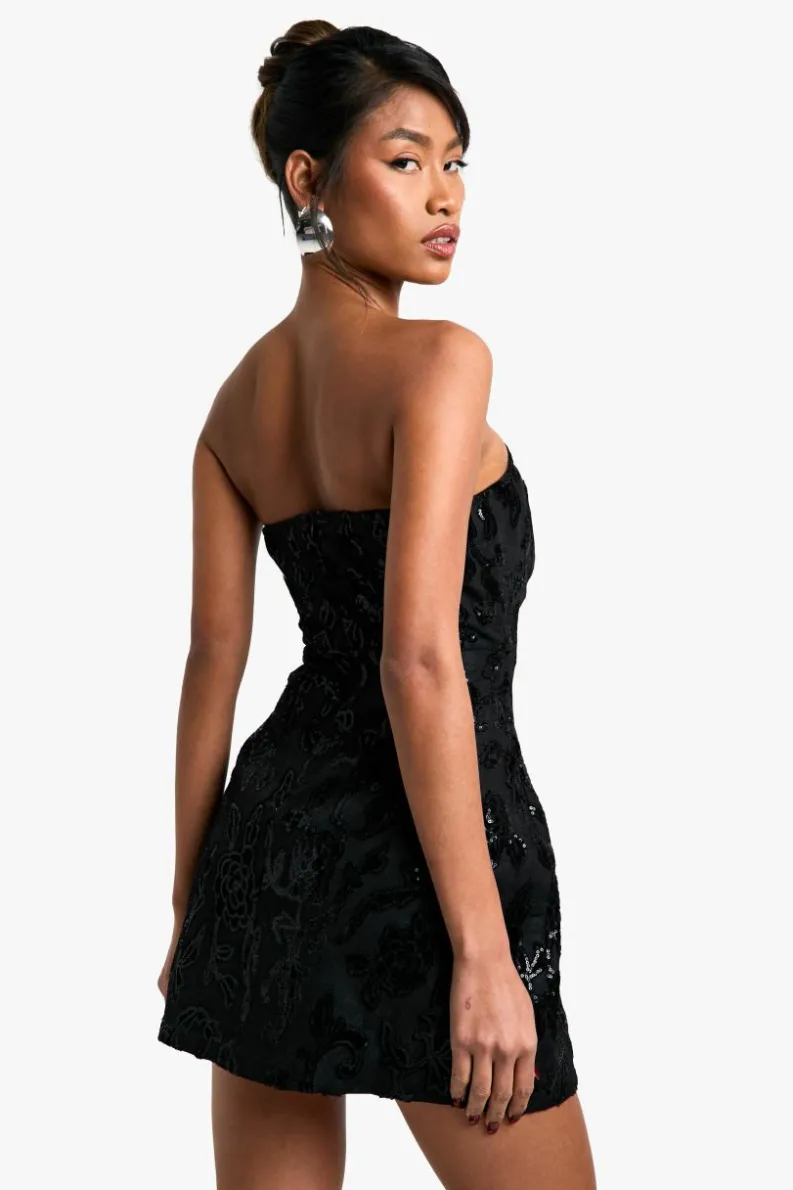 Skater Dresses|Mini Dresses*boohoo Bandeau Structured Velvet Lace Demask Skater Mini Dress black