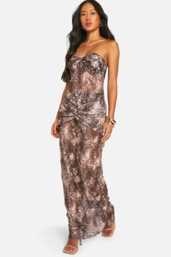Bodycon Dresses*boohoo Bandeau Twist Leopard Lace Maxi Dress brown