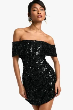 Mini Dresses*boohoo Bardot Boucle Sequin Shift Mini Dress black