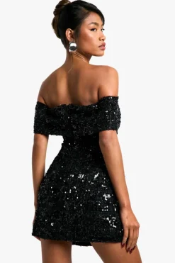 Mini Dresses*boohoo Bardot Boucle Sequin Shift Mini Dress black