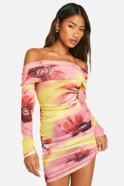 Bodycon Dresses*boohoo Bardot Floral Mesh Mini Dress yellow