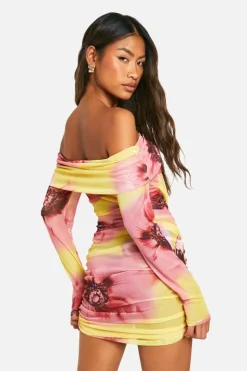 Bodycon Dresses*boohoo Bardot Floral Mesh Mini Dress yellow