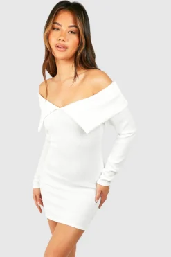 Bodycon Dresses*boohoo Bardot Heavy Rib Long Sleeve Mini Dress cream