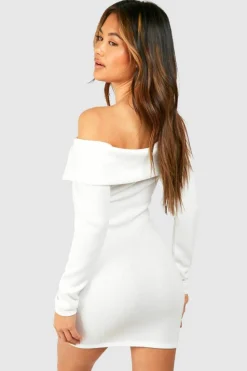 Bodycon Dresses*boohoo Bardot Heavy Rib Long Sleeve Mini Dress cream