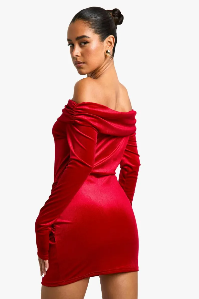 Bodycon Dresses*boohoo Bardot Long Sleeve Drape Detail Mini Dress red