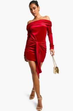 Bodycon Dresses*boohoo Bardot Long Sleeve Drape Detail Mini Dress red