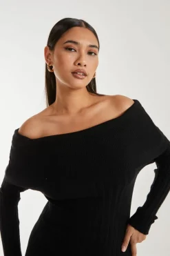 Midi Dresses*Pink Vanilla Bardot Ribbed Knit Midi Dress Black