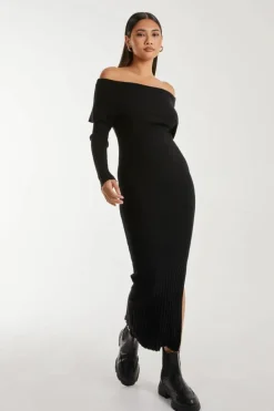 Midi Dresses*Pink Vanilla Bardot Ribbed Knit Midi Dress Black