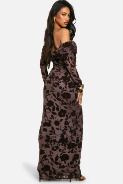 Bodycon Dresses|Maxi Dresses*boohoo Bardot Ruched Devore Cut Out Maxi Dress chocolate