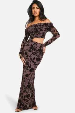 Bodycon Dresses|Maxi Dresses*boohoo Bardot Ruched Devore Cut Out Maxi Dress chocolate