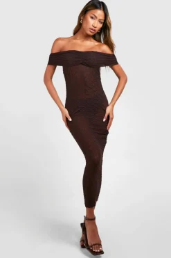 Bodycon Dresses*boohoo Bardot Ruched Textured Midaxi Dress chocolate