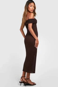 Bodycon Dresses*boohoo Bardot Ruched Textured Midaxi Dress chocolate