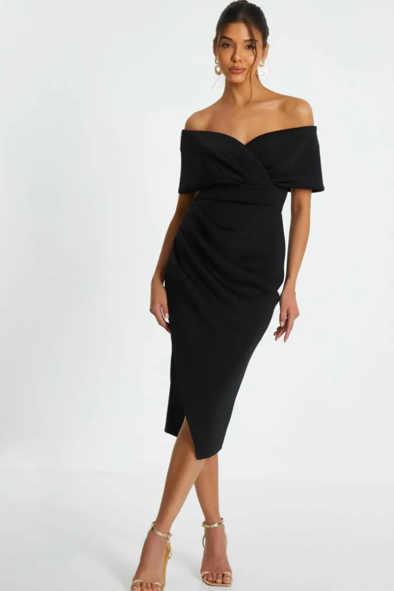 Wrap Dresses|Midi Dresses*Quiz Bardot Ruched Wrap Midi Dress Black