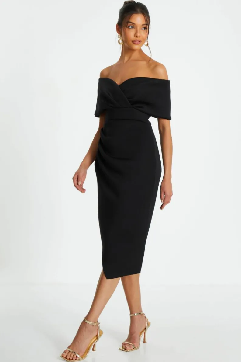 Wrap Dresses|Midi Dresses*Quiz Bardot Ruched Wrap Midi Dress Black