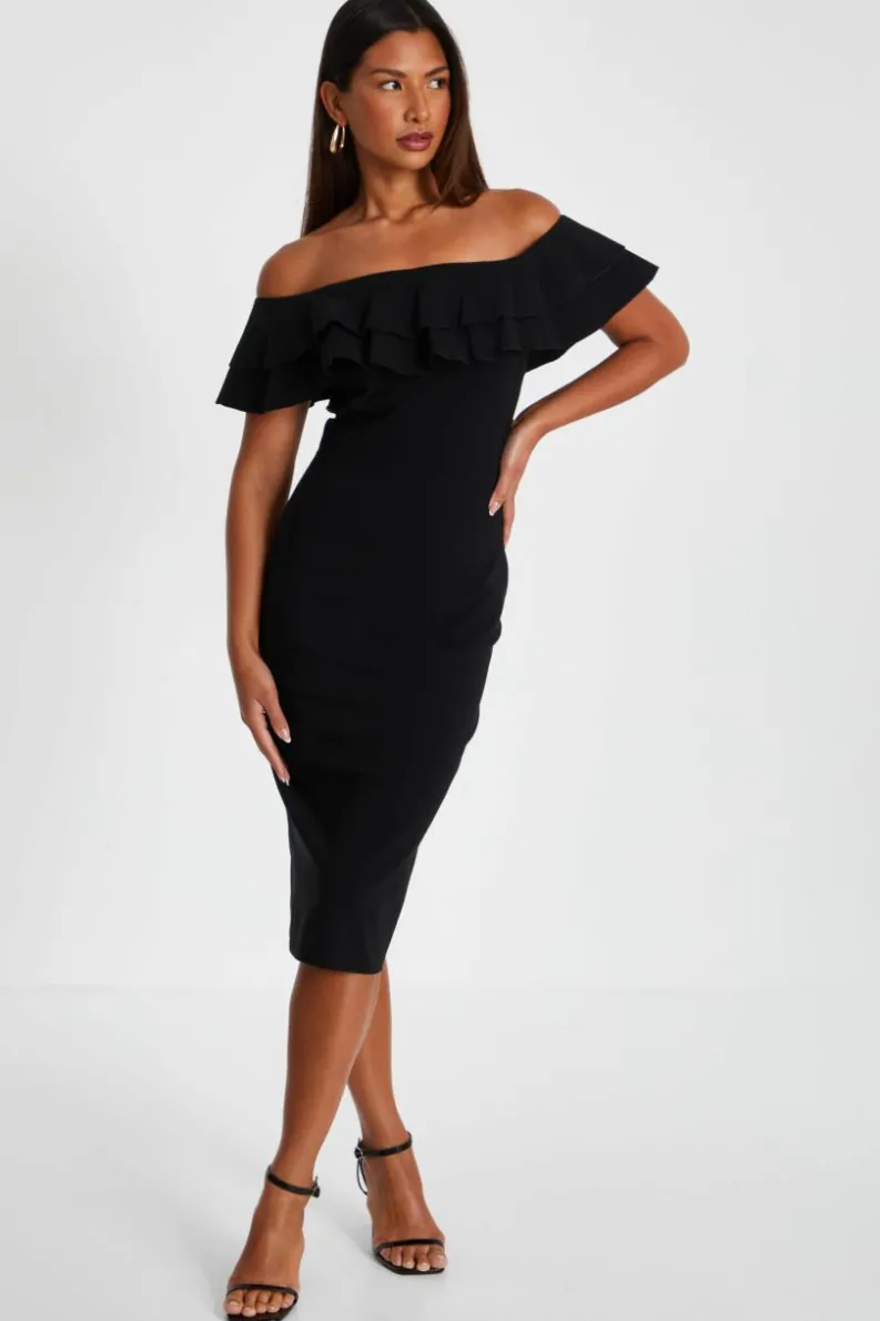 Midi Dresses*Quiz Bardot Ruffle Midi Bodycon Dress Black