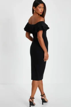 Midi Dresses*Quiz Bardot Ruffle Midi Bodycon Dress Black
