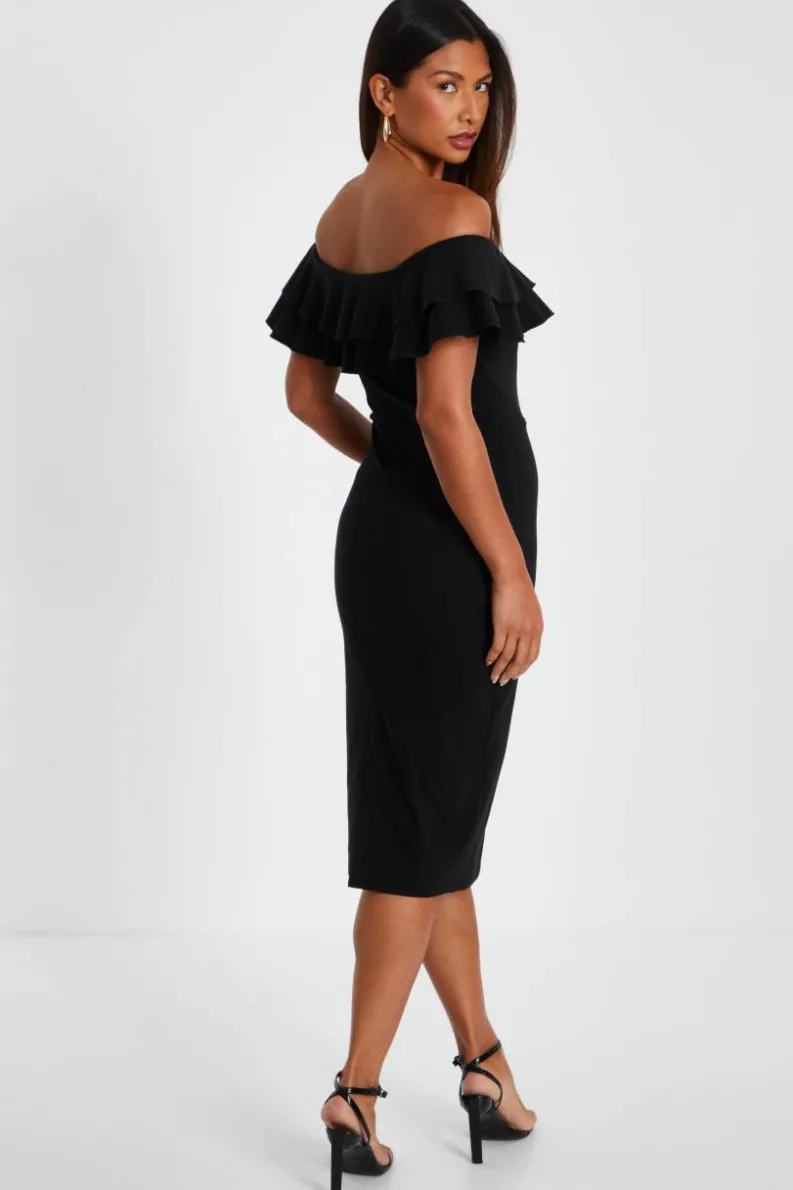 Midi Dresses*Quiz Bardot Ruffle Midi Bodycon Dress Black