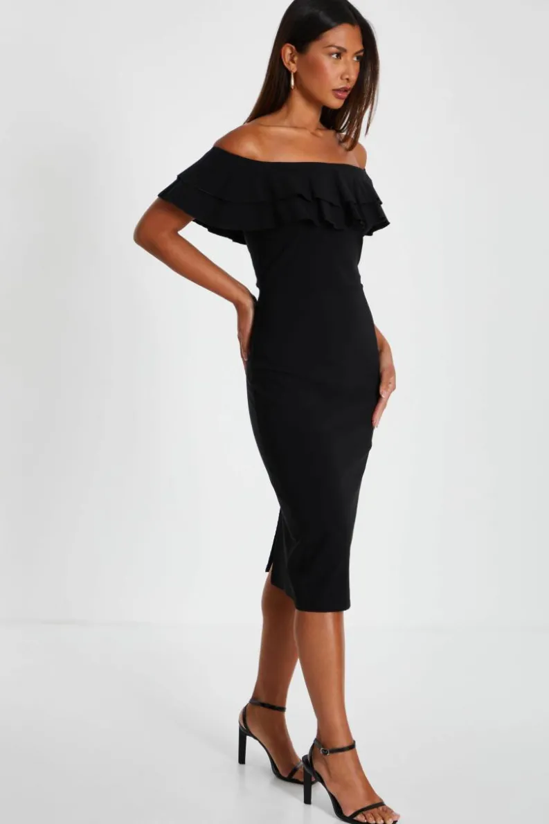 Midi Dresses*Quiz Bardot Ruffle Midi Bodycon Dress Black