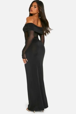 Maxi Dresses*boohoo Bardot Slinky Mesh Insert Maxi Dress black