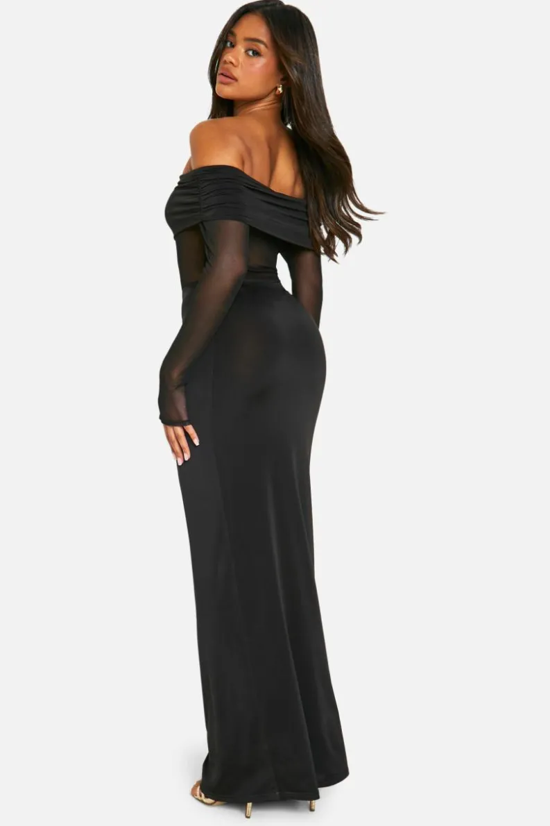 Maxi Dresses*boohoo Bardot Slinky Mesh Insert Maxi Dress black