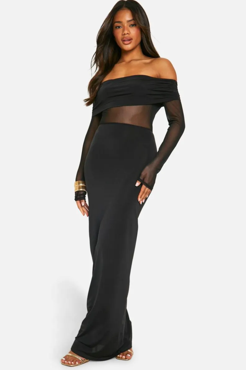 Maxi Dresses*boohoo Bardot Slinky Mesh Insert Maxi Dress black