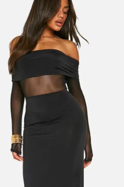 Maxi Dresses*boohoo Bardot Slinky Mesh Insert Maxi Dress black