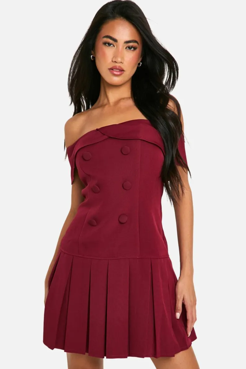 Skater Dresses*boohoo Bardot Tennis Skirt Dress burgundy