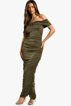Bodycon Dresses*boohoo Bardot Trim Detail Ruched Slinky Maxi Dress khaki
