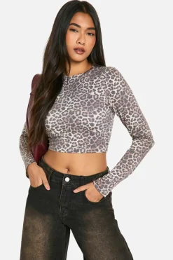 Long Sleeve Tops*boohoo Basic Animal Print Cotton Long Sleeve Asymmetric Top leopard