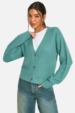 Cardigans|Knitwear*boohoo Basic Button Through Crop Cardigan jade