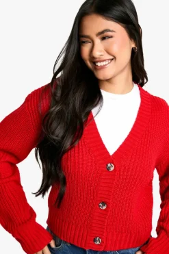 Cardigans*boohoo Basic Button Through Crop Cardigan red