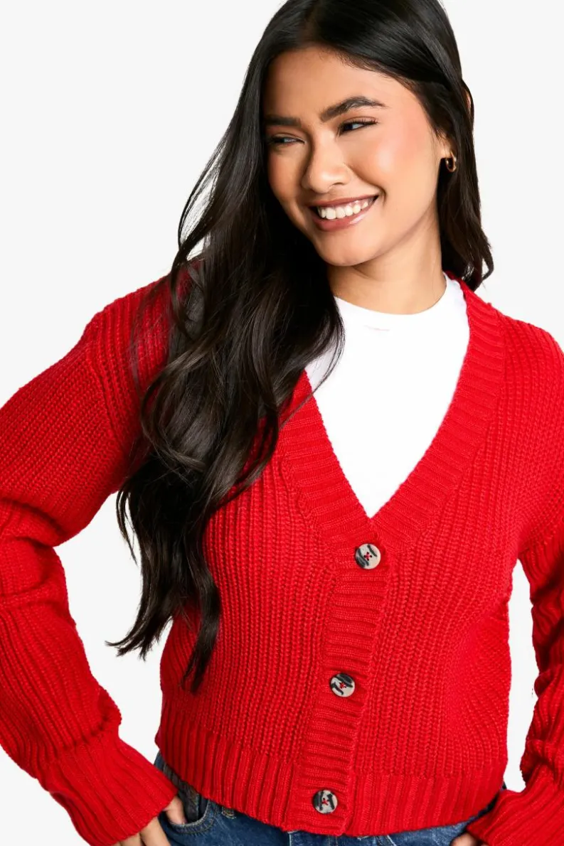 Cardigans*boohoo Basic Button Through Crop Cardigan red