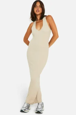 Bodycon Dresses*boohoo Basic Rib Plunge Hlater Maxi Dress stone