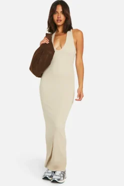 Bodycon Dresses*boohoo Basic Rib Plunge Hlater Maxi Dress stone