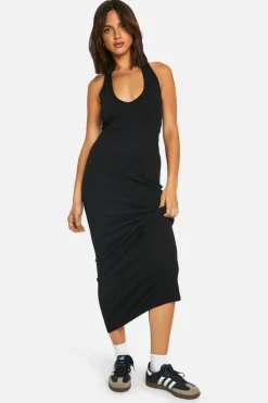Bodycon Dresses*boohoo Basic Rib Plunge Hlater Maxi Dress black