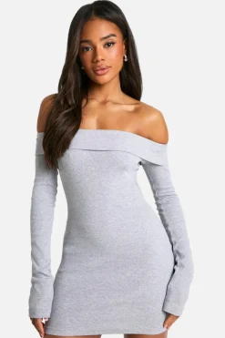 Bodycon Dresses*boohoo Basic Rib Bardot Mini Dress grey marl