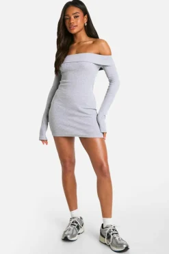 Bodycon Dresses*boohoo Basic Rib Bardot Mini Dress grey marl