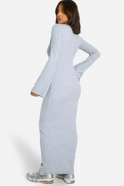 Maxi Dresses*boohoo Basic Rib Flare Sleeve V Neck Dress grey marl