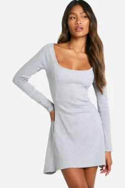 Skater Dresses*boohoo Basic Rib Long Sleeve Skater grey marl