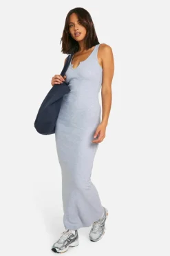 Bodycon Dresses*boohoo Basic Rib Notch Maxi Dress grey marl