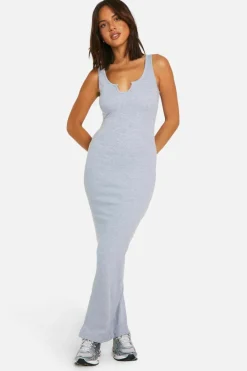 Bodycon Dresses*boohoo Basic Rib Notch Maxi Dress grey marl