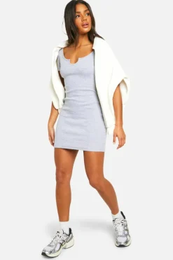 Bodycon Dresses*boohoo Basic Rib Notch Mini Dress grey marl