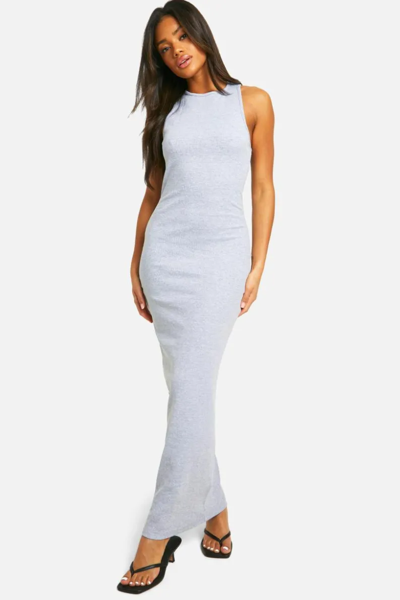 Bodycon Dresses*boohoo Basic Rib Racer Neck Maxi Dress grey marl
