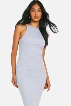 Bodycon Dresses*boohoo Basic Rib Racer Neck Maxi grey marl