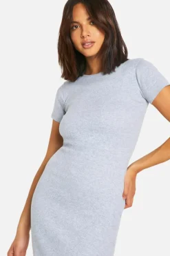 Bodycon Dresses|Maxi Dresses*boohoo Basic Rib Short Sleeve Maxi grey marl